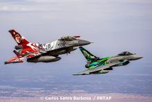 Polish F-16 in close formation with Italian Eurofighter